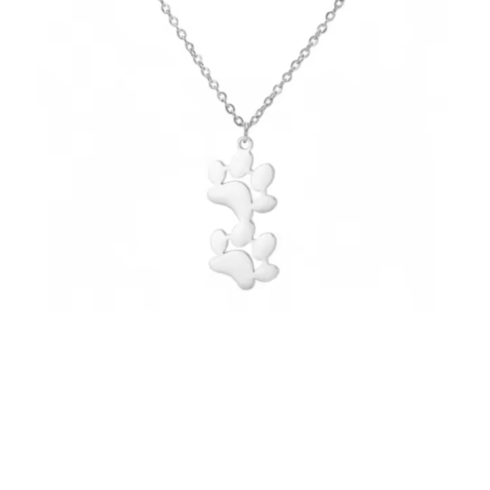 Silver-tone double paw print pendant necklace on a chain