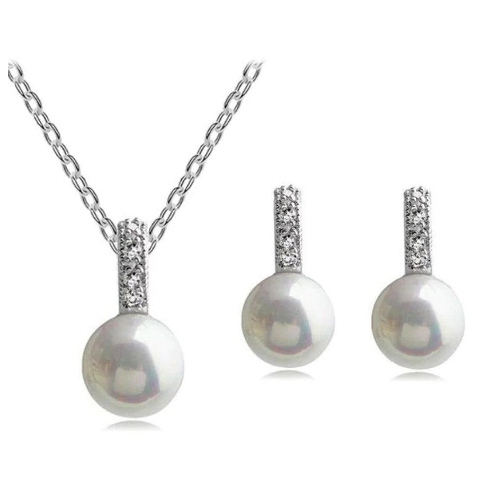 Faux pearl necklace with round iridescent pendants and matching textured stud earrings