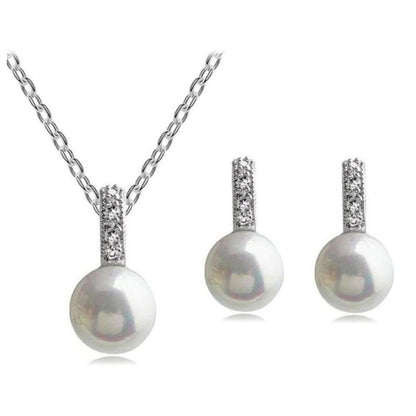 Faux pearl necklace with round iridescent pendants and matching textured stud earrings