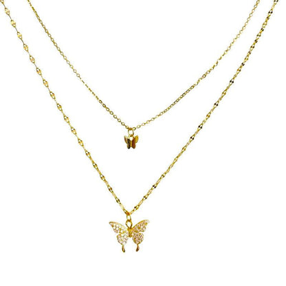 Two-layer butterfly necklace with gold-tone chains and small butterfly charms