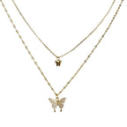 Two-layer butterfly necklace with gold-tone chains and sparkling butterfly charm pendants