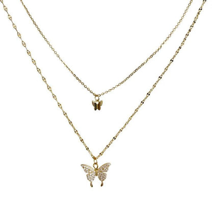 Two-layer butterfly necklace with gold-tone chains and sparkling butterfly charm pendants