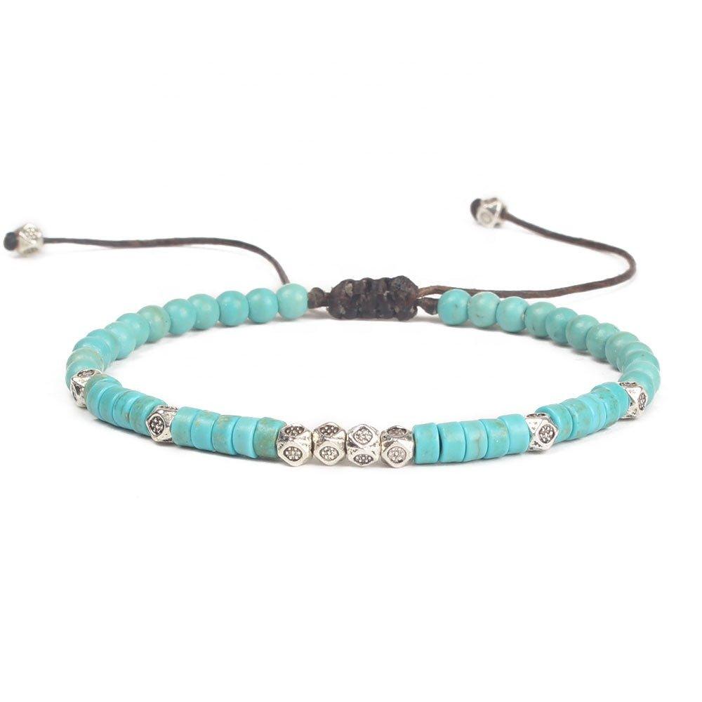 Friendship bracelet with turquoise beads, silver tone medallion spacers, adjustable cord