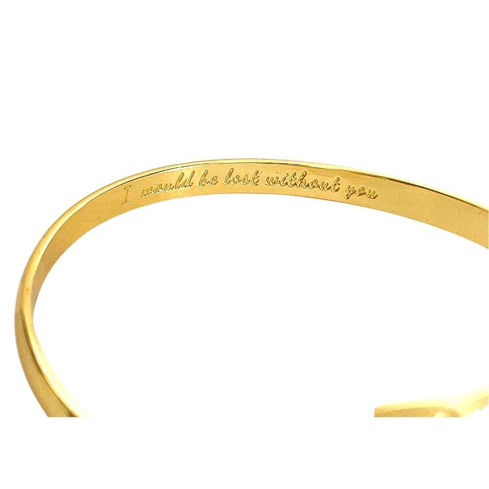 Gold infinity friendship bracelet with engraved inner message; slim bangle