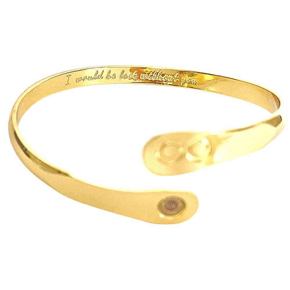 Gold infinity friendship bracelet with raised infinity symbol and oval engraved end