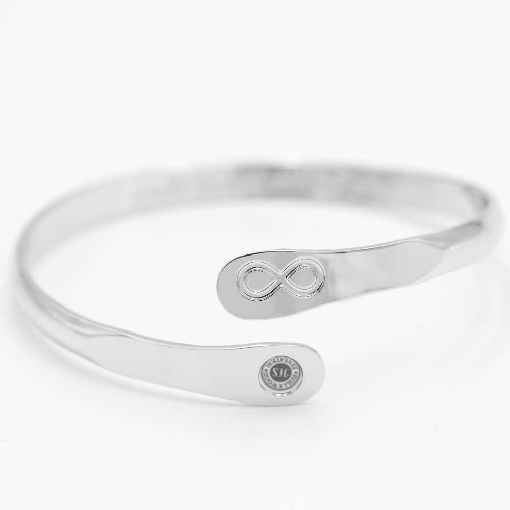 Silver infinity friendship bracelet with engraved inner message and centered infinity charm