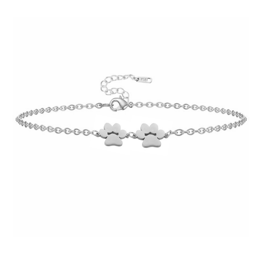 Silver double paw print charm bracelet with lobster clasp