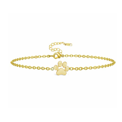 Gold paw-print link chain bracelet with heart paw charm and lobster clasp
