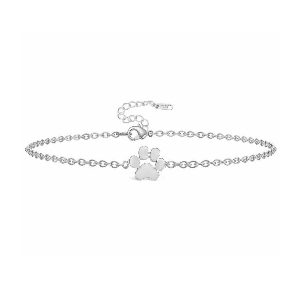 Silver paw-print link chain bracelet with paw charm and lobster clasp