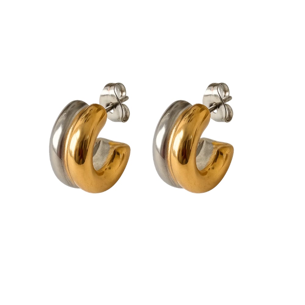 Two-tone mixed metal sculptural hoop earrings with gold and silver finish