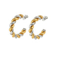 Two-tone twisted hoop earrings, gold and silver mixed metal with hinged backs