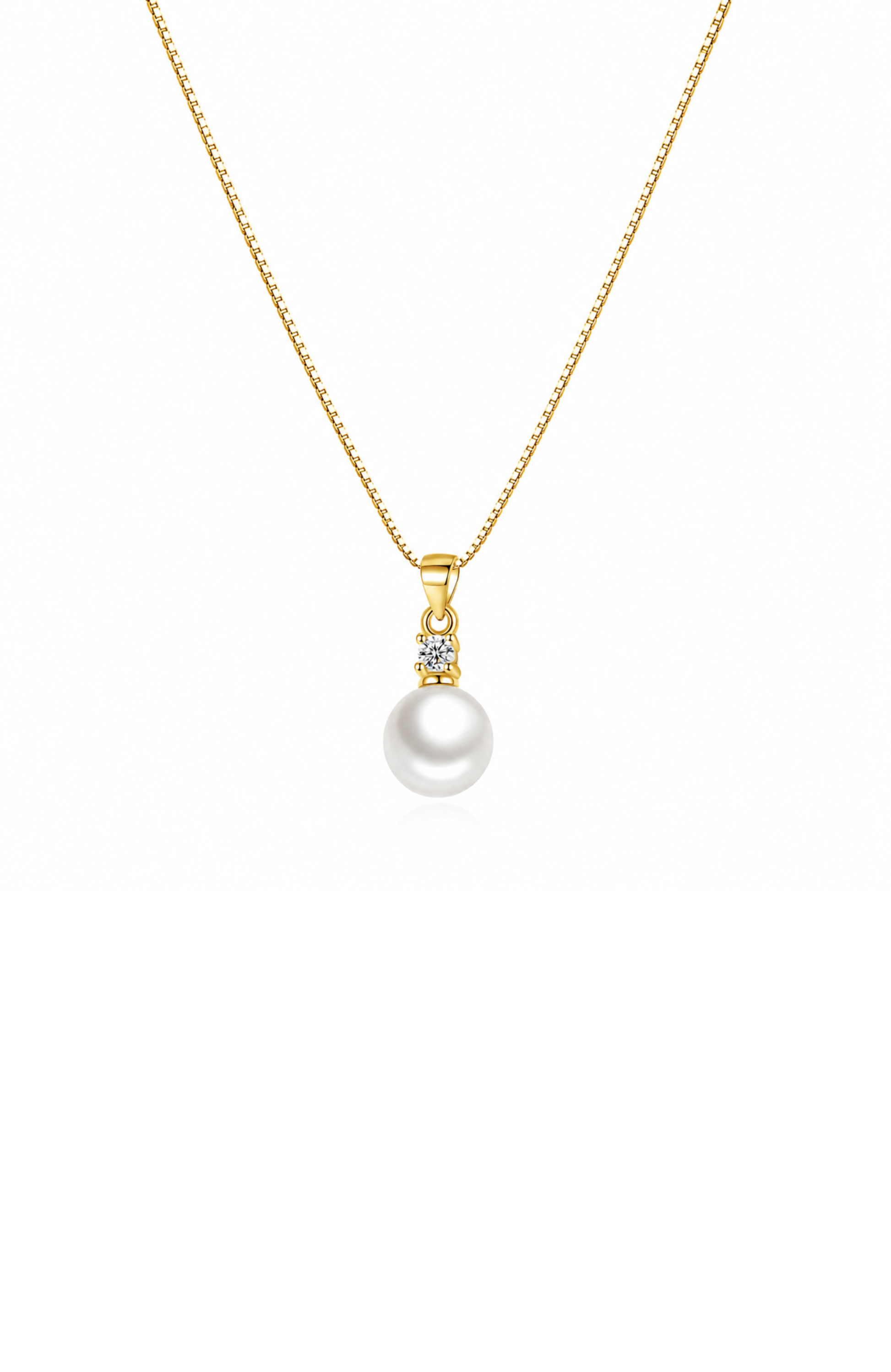 Gold faux pearl pendant necklace with cubic zirconia halo and link chain