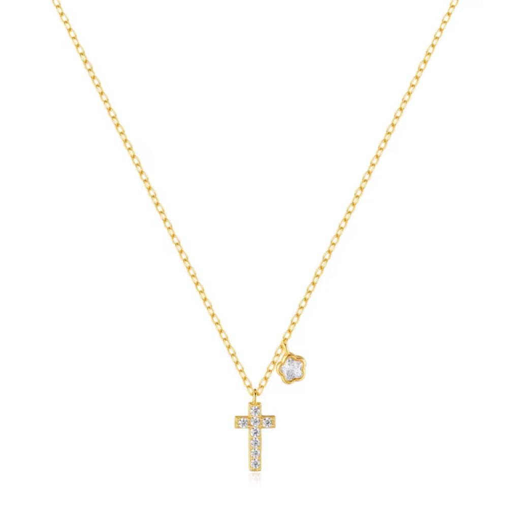 Gold-tone chain necklace with CZ cross pendant and CZ floral charm