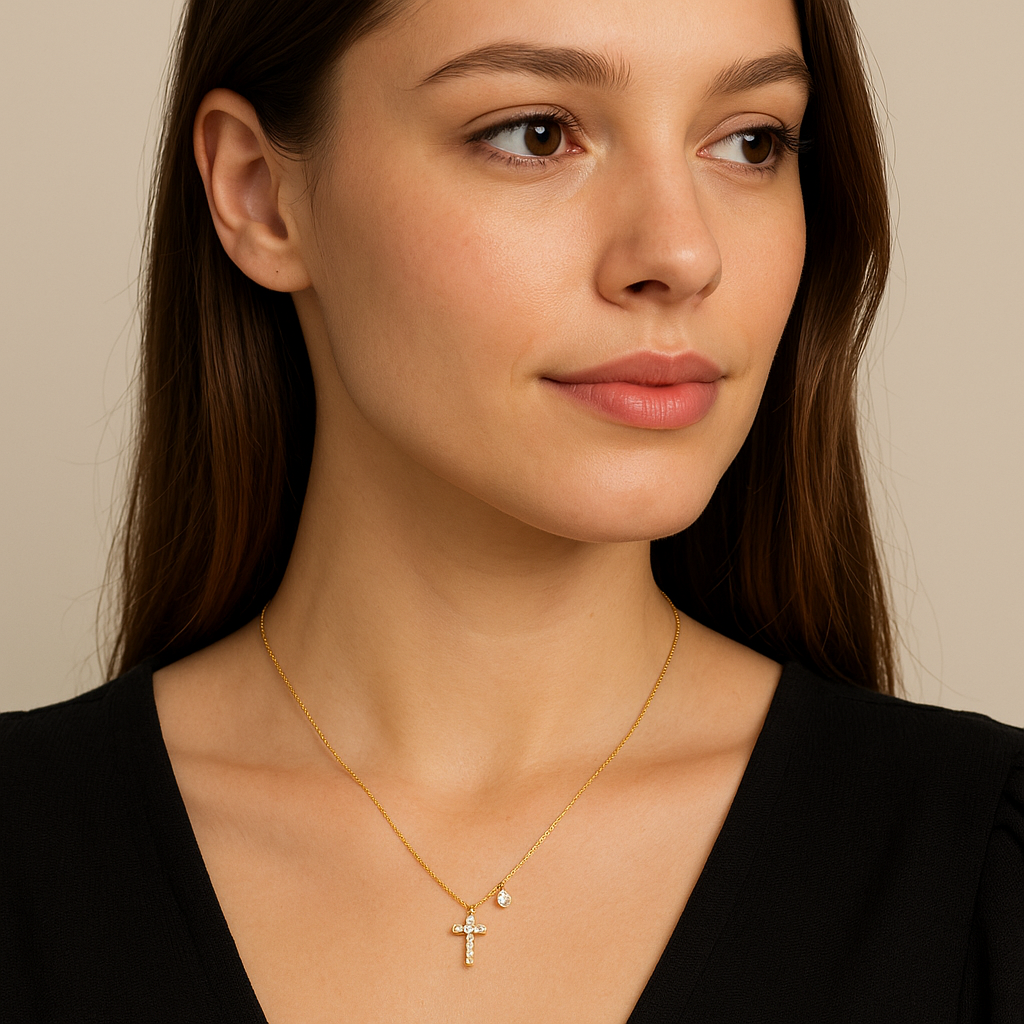 Gold-tone CZ cross necklace worn on model