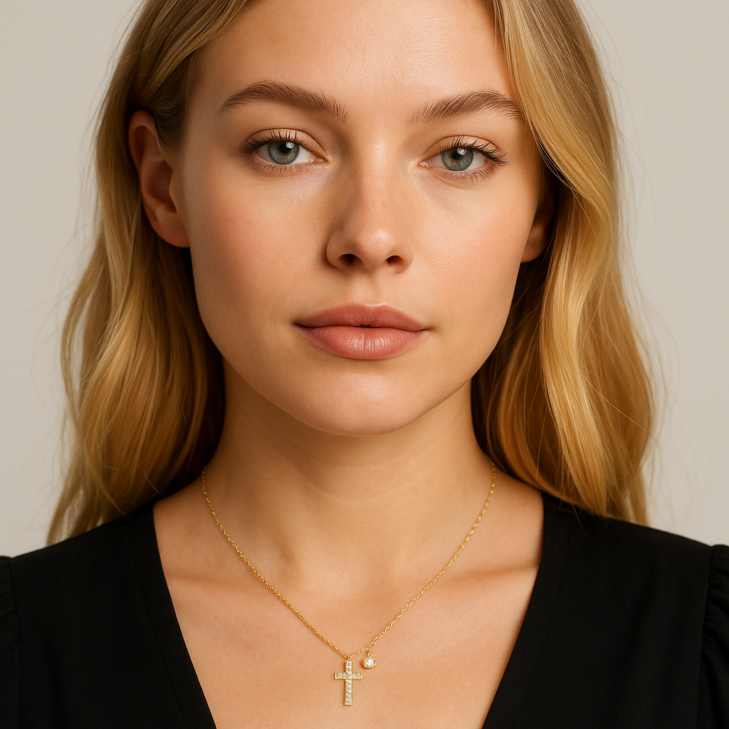 Gold-tone CZ cross necklace worn on model with small charm