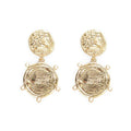 Gold coin dangle earrings with circular embossed coins and small dangling rings