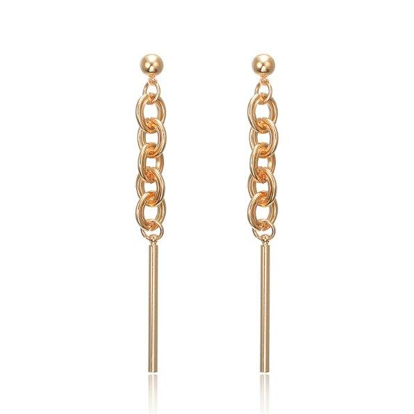 Gold-tone chain and bar drop dangle earrings with round stud tops and long bars