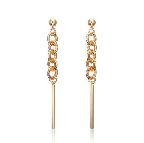 Gold-tone chain and bar drop dangle earrings with round stud tops and long bars
