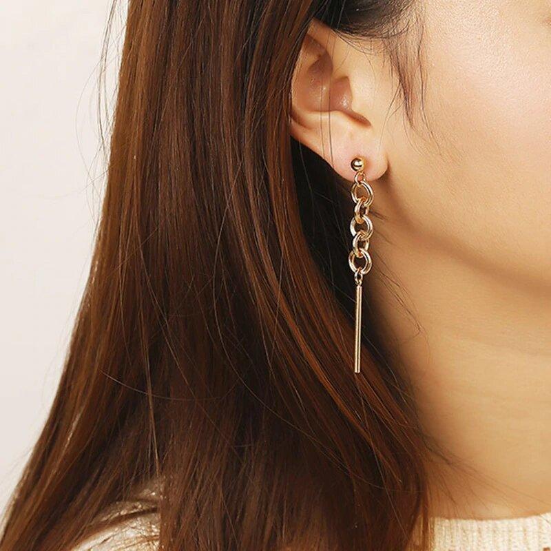 Gold-tone chain drop dangle earrings with round links and a long straight bar