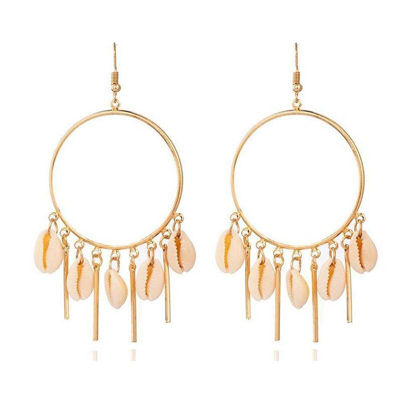 Gold hoop chandelier earrings with peach puka seashells and dangling charms