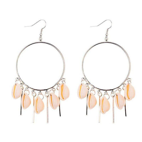 Silver hoop chandelier earrings with peach puka seashells and dangling charms