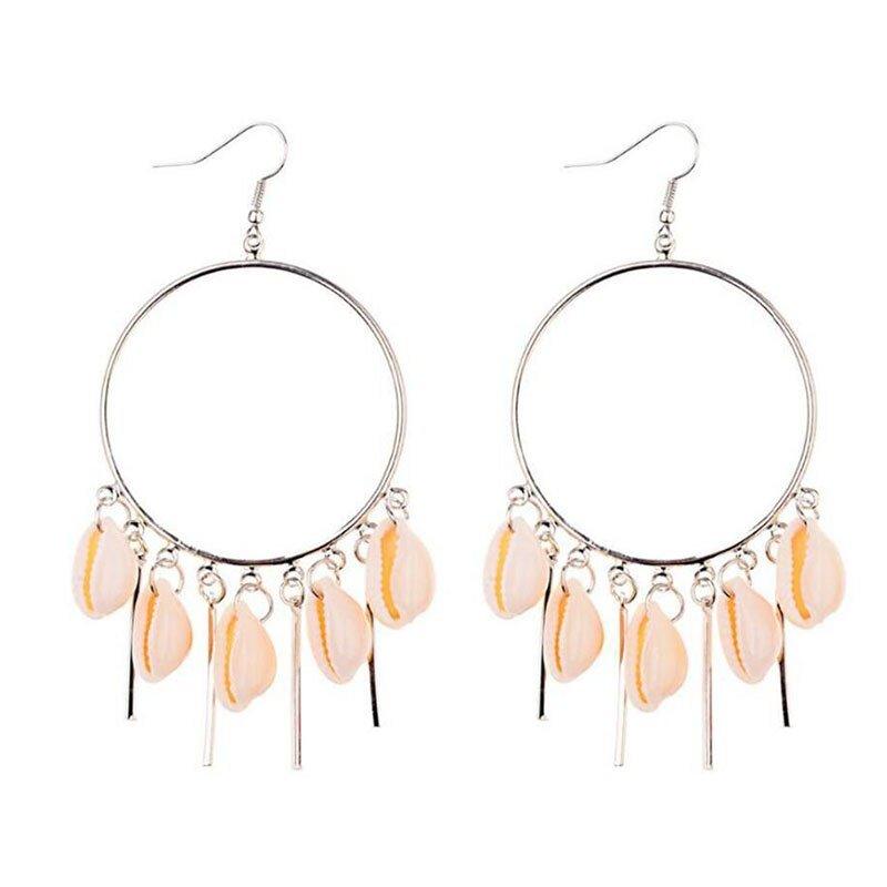 Silver hoop chandelier earrings with peach puka seashells and dangling charms