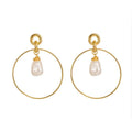 Gold-tone drop hoop earrings with simulated pearl teardrop charms