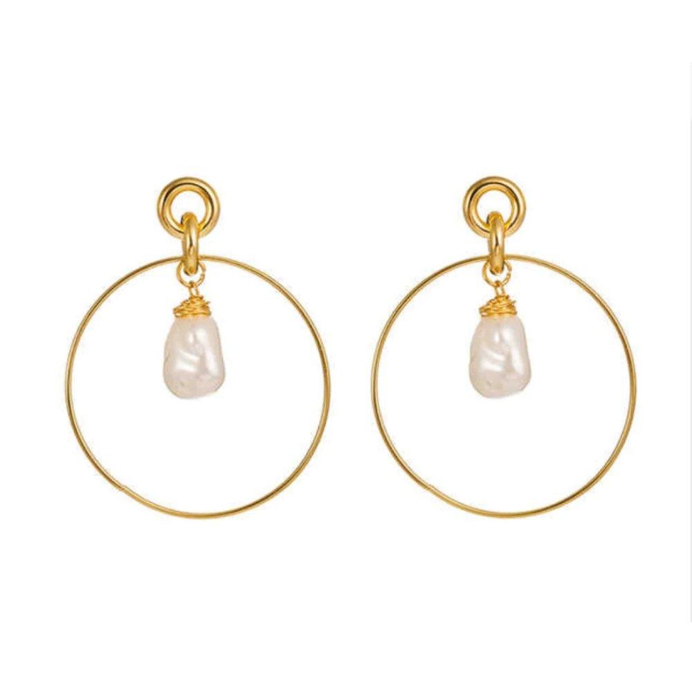 Gold-tone drop hoop earrings with simulated pearl teardrop charms