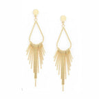Gold long tassel dangle earrings with teardrop center and circular stud tops