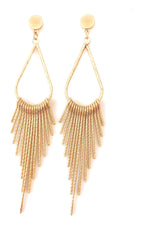 Gold teardrop dangle earrings with long fringe tassels and round stud backs