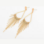 Gold long tassel dangle earrings with teardrop loop frame and thin fringe strands