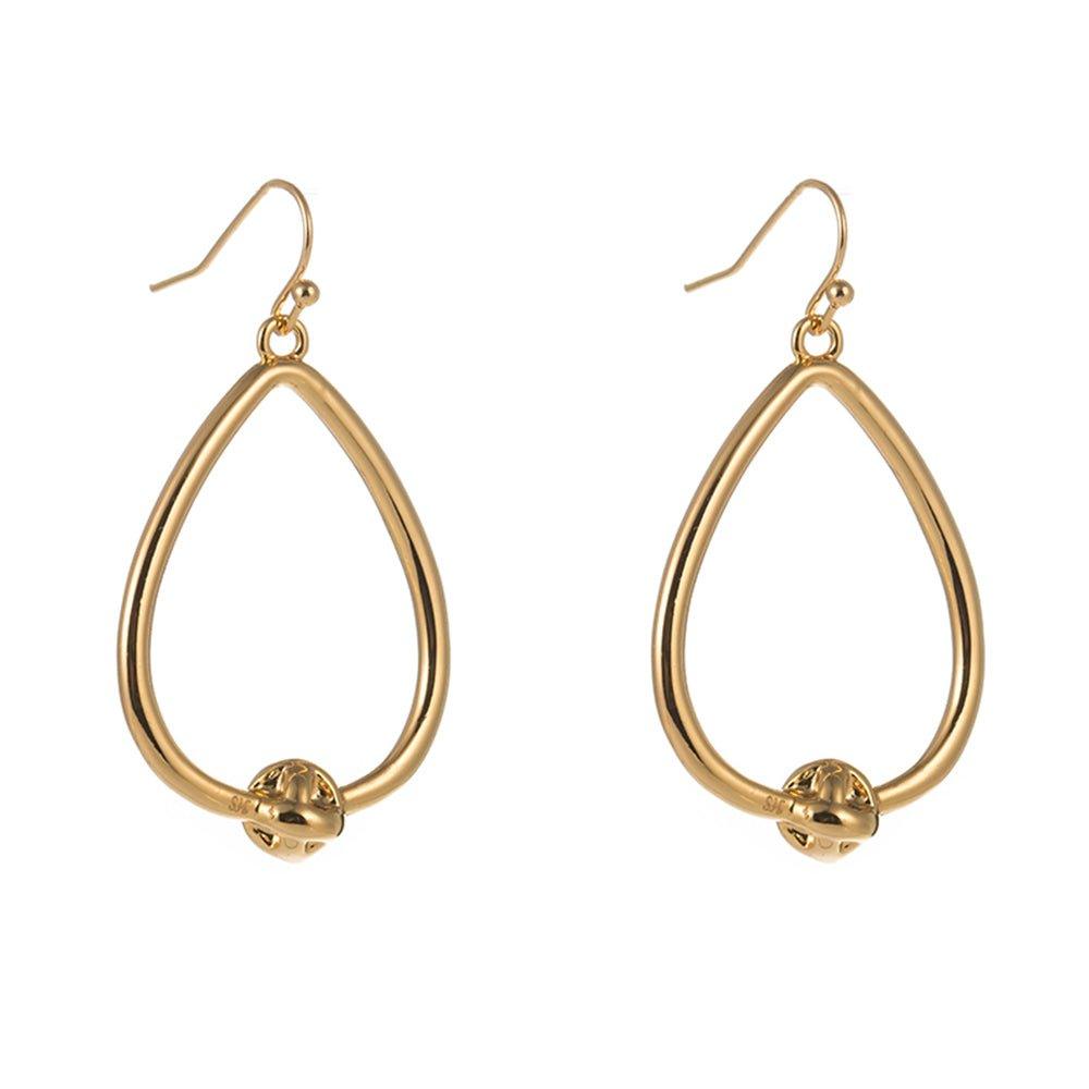 Gold teardrop hoop earrings with small love-knot detail at the bottom
