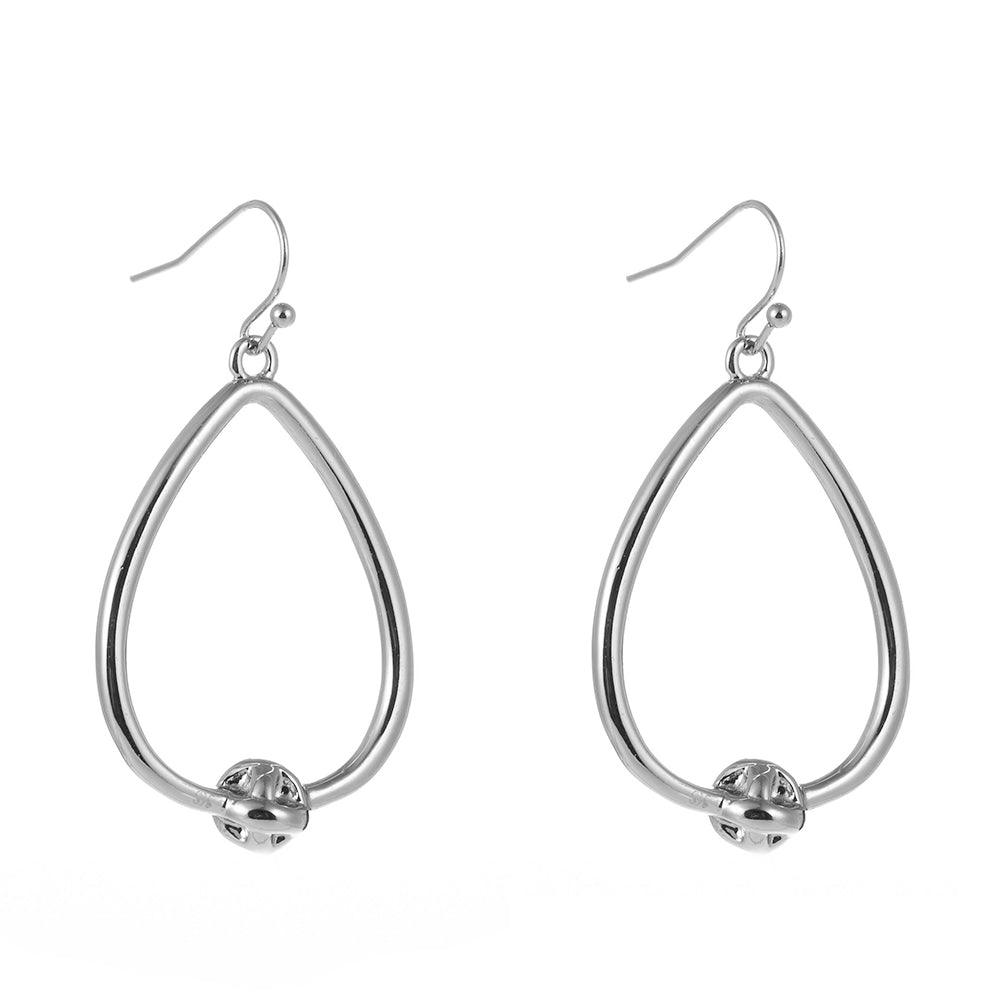 Silver teardrop hoop earrings with small love-knot detail at the bottom