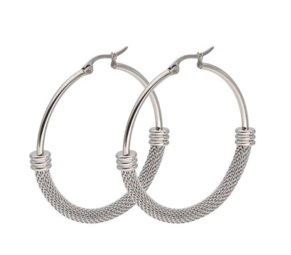 Silver mesh hoop earrings with coiled ring detail and dangling mesh texture
