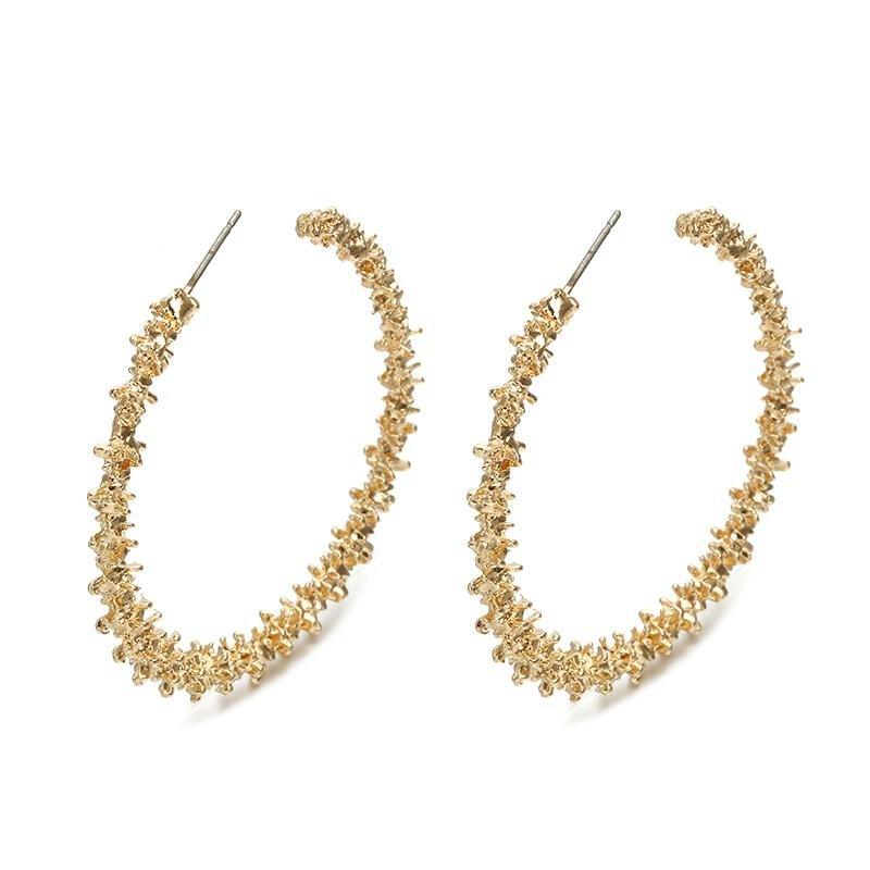 Gold-tone nugget texture hoop earrings with hinged stud posts, pair