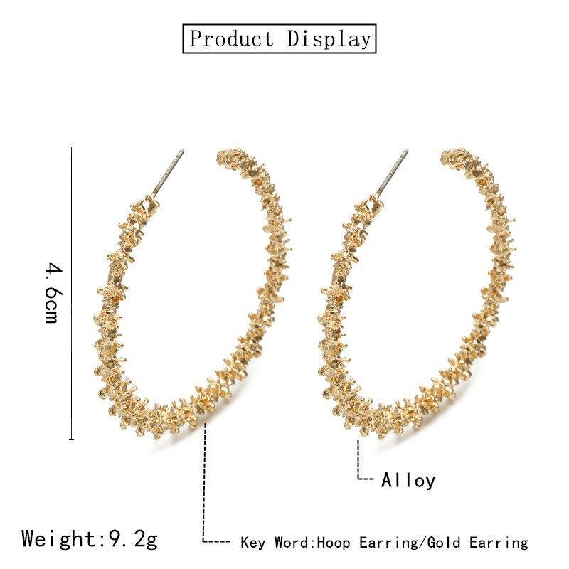 Gold-tone nugget hoop earrings, textured chain links, alloy, stud posts