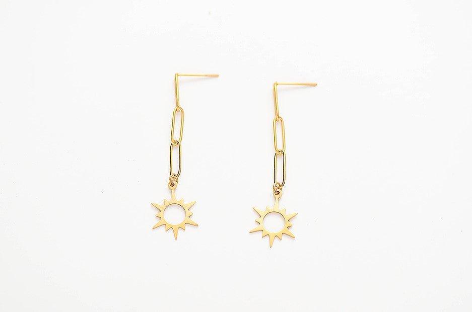 Gold-tone star dangle earrings with hook backs and sunburst pendants
