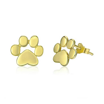 Gold paw print stud earrings with butterfly backs, front paw pad and toe circles