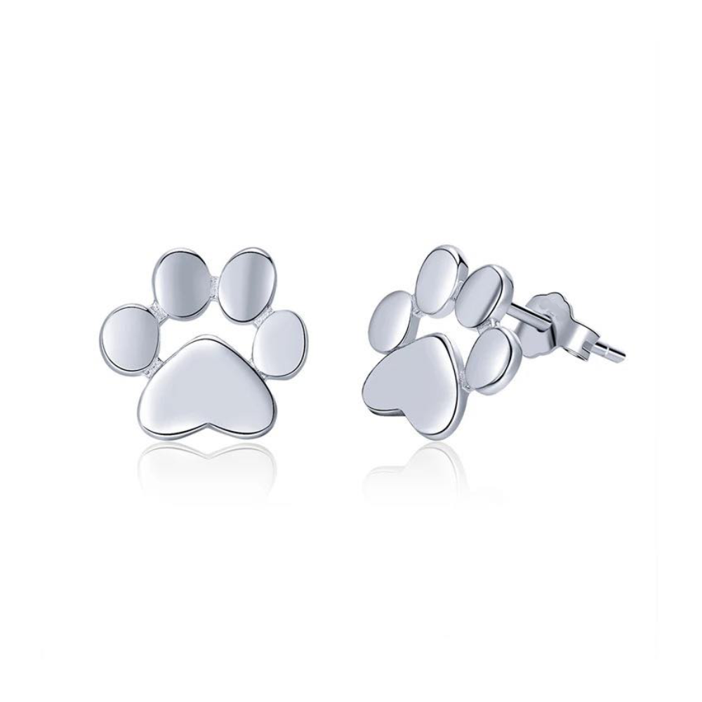 Silver paw print stud earrings with butterfly backs, paw pad and toe circles