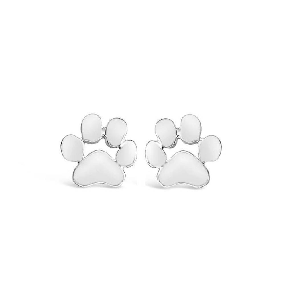 Silver paw print stud earrings with rounded paw pad and four toe circles