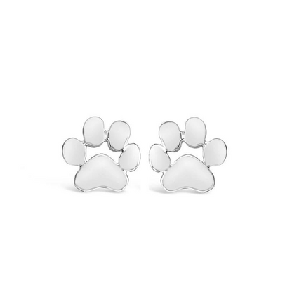 Silver paw print stud earrings with rounded paw pad and four toe circles