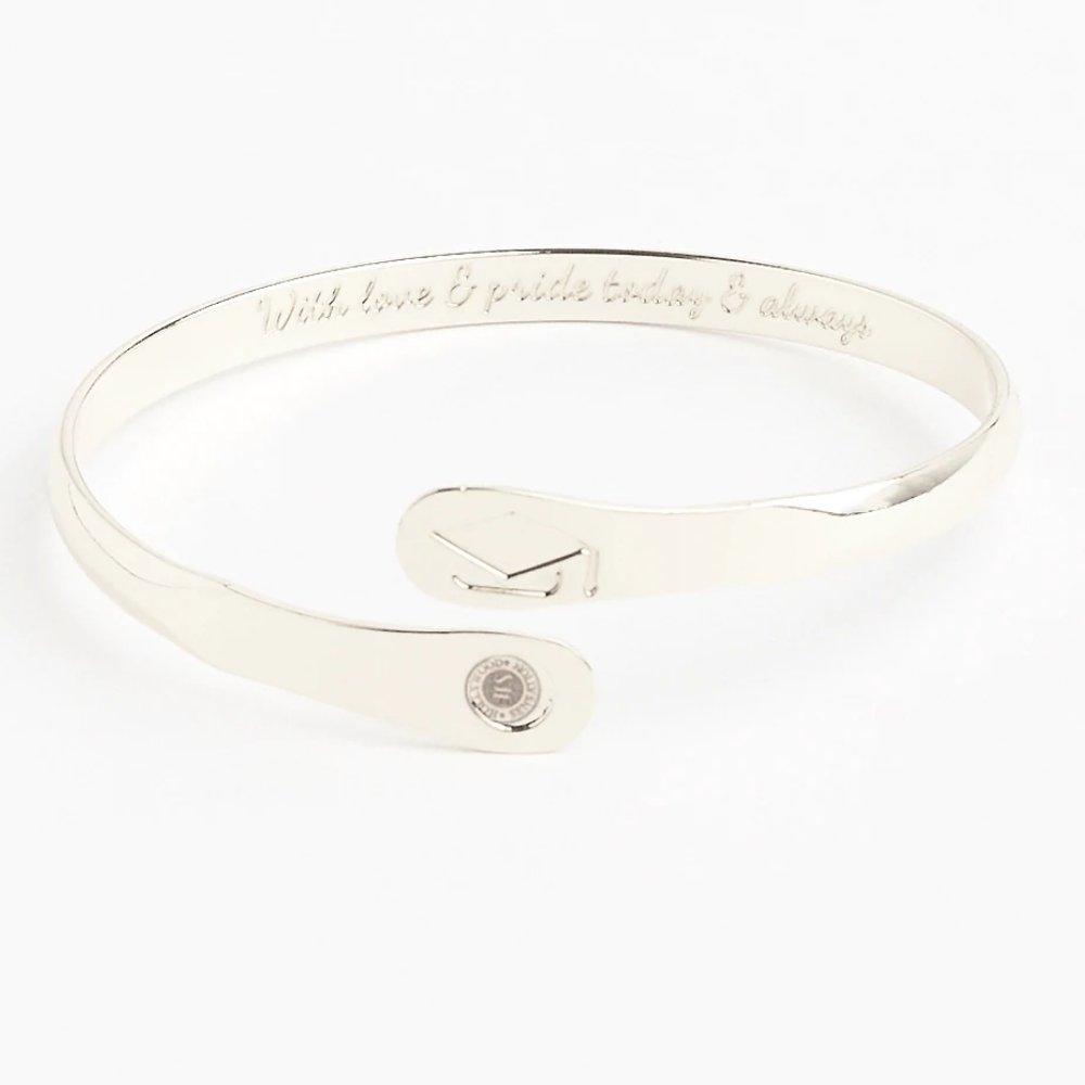 Silver engraved graduation charm bracelet with cap and small round tag charm