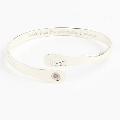 Silver engraved graduation charm bracelet with cap and small round tag charm