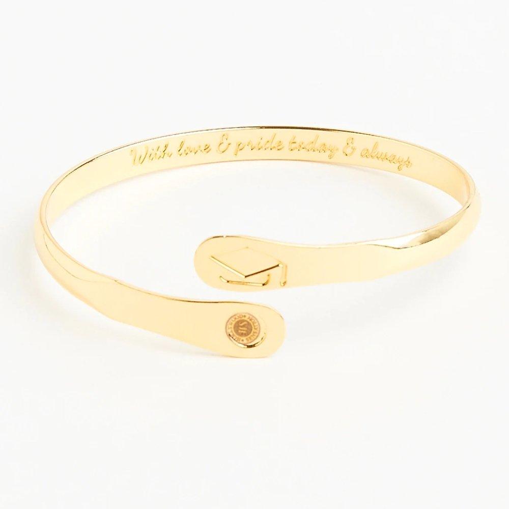 Gold engraved graduation charm bracelet with graduation cap charm and round tag