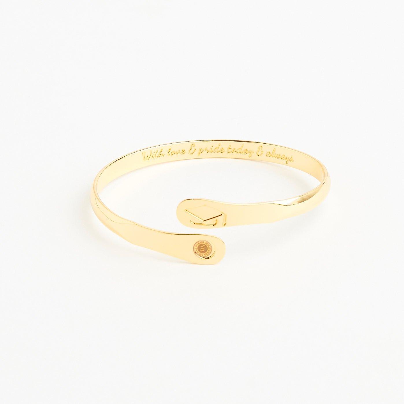 Gold engraved graduation charm bracelet with cap charm and round coin-style tag