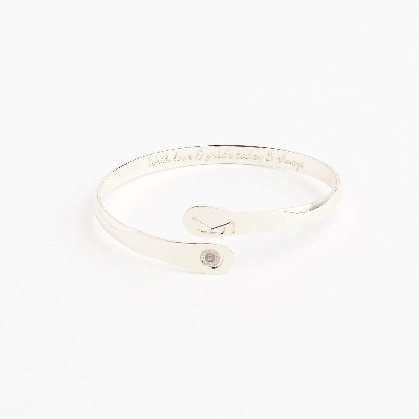 Silver engraved graduation bracelet with graduation cap charm and round medal tag