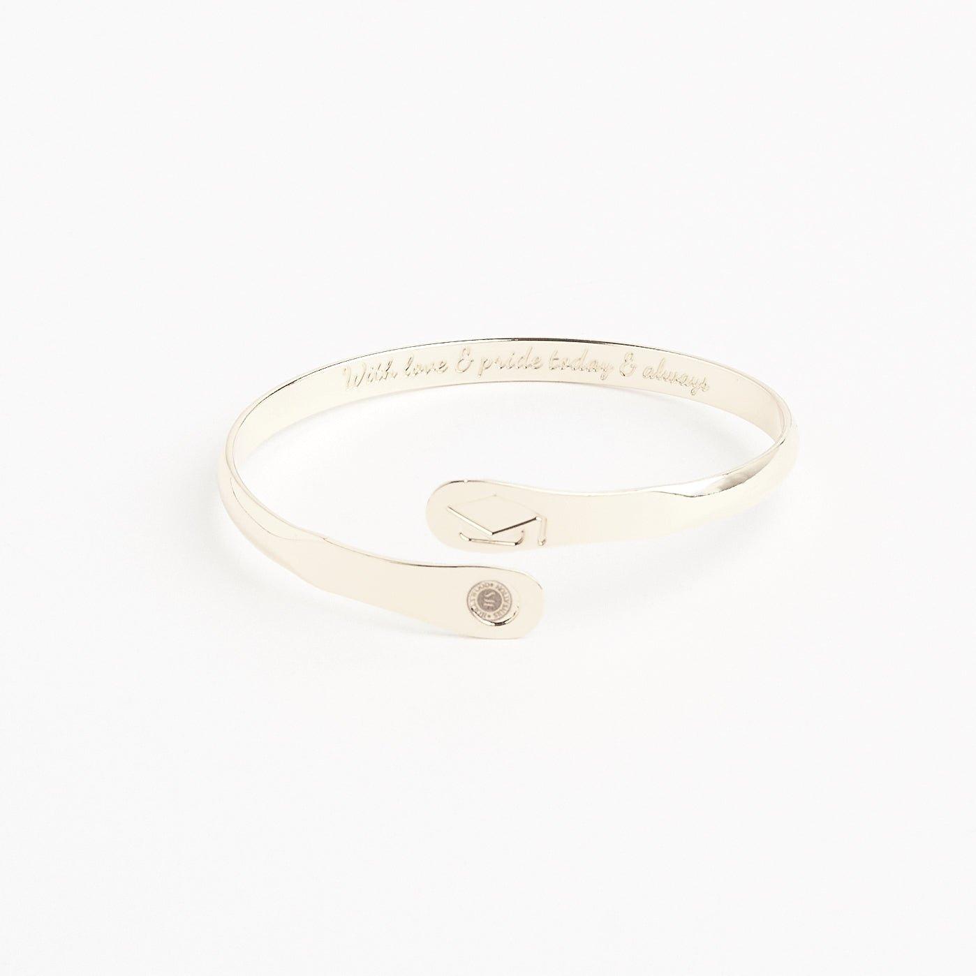 Silver engraved graduation bracelet with graduation cap charm and round medal tag