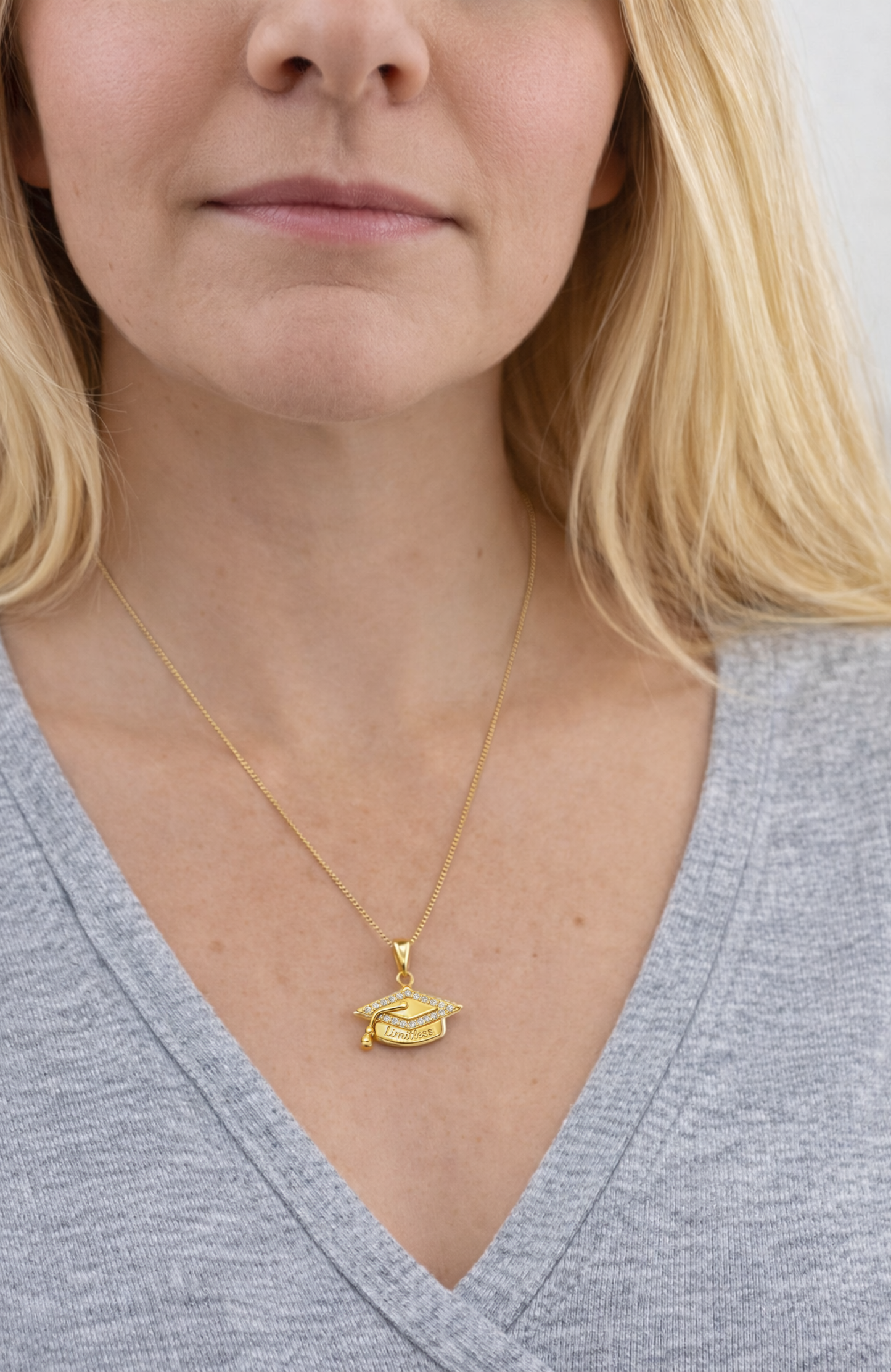 Gold graduation cap pendant necklace on thin chain