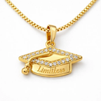 Gold graduation cap pendant necklace with “Limitless” engraving and crystal trim