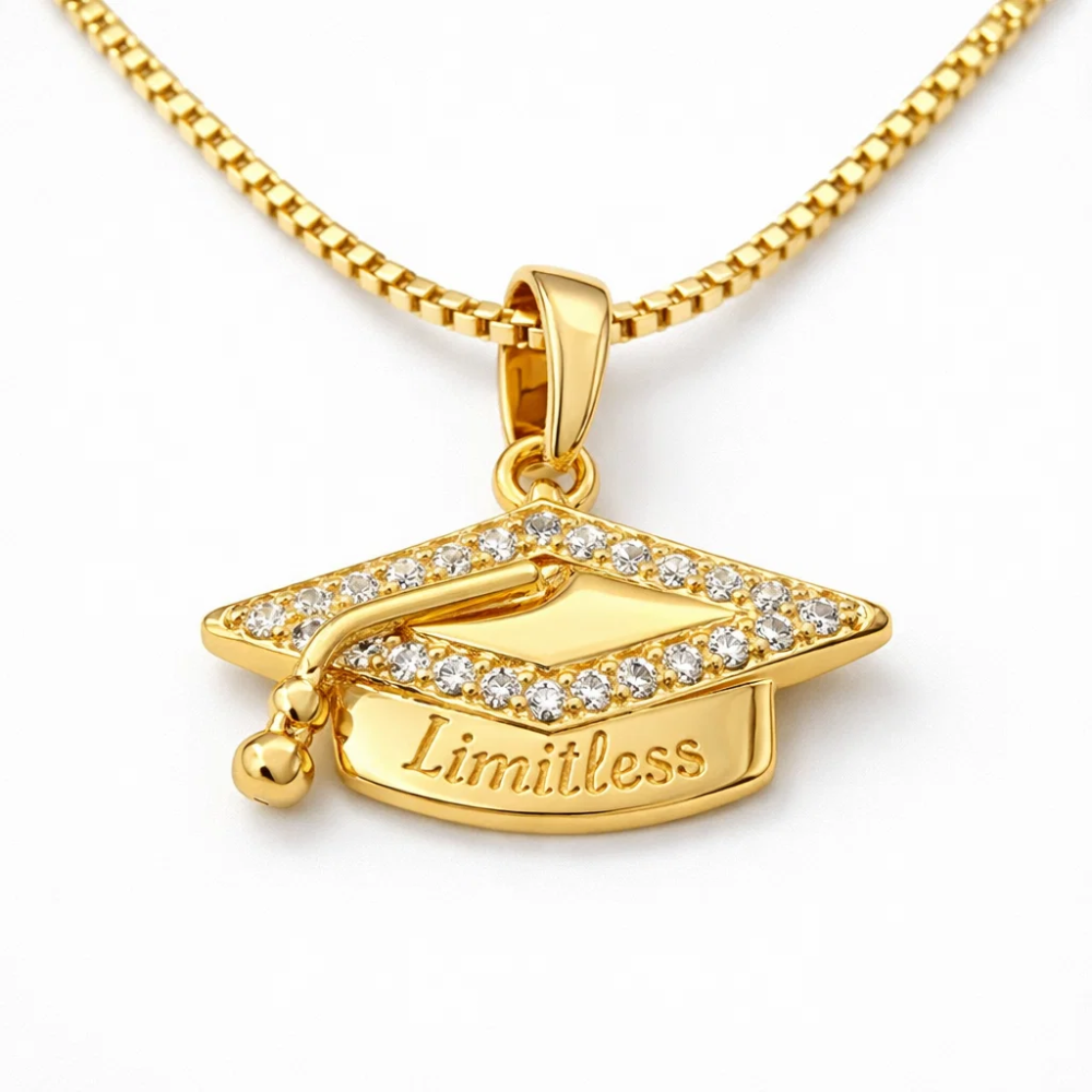 Gold graduation cap pendant necklace with “Limitless” engraving and crystal trim